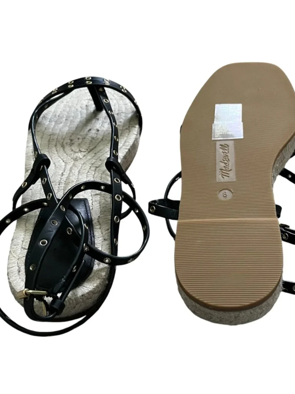 Madewell Mira Espadrille Thong Sandal Ankle Wrap Grommet Leather Black Size 8